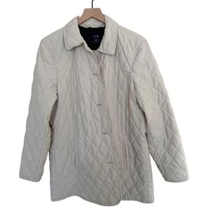 Gap Women's Quilted Chore Coat L Ivory Patch Pockets Collar